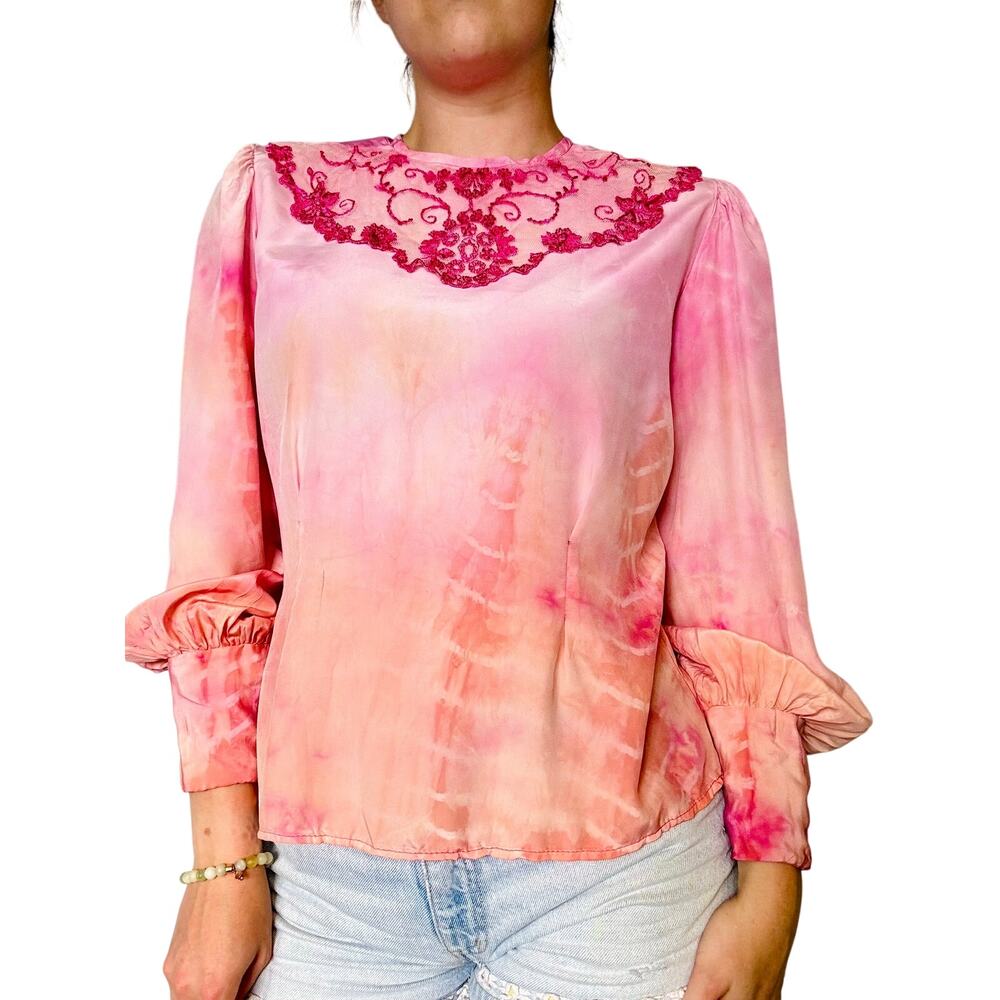 1980s Ombre Pink Orange Blouse Reworked Edwardian Lace Collar Princess Cuffs